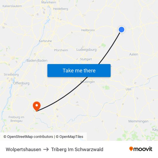 Wolpertshausen to Triberg Im Schwarzwald map