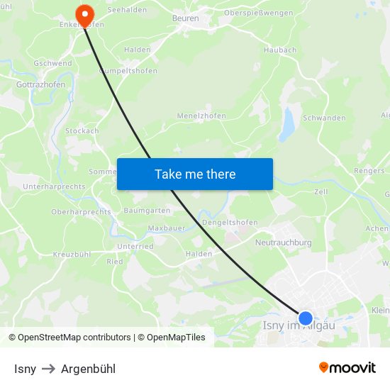 Isny to Argenbühl map