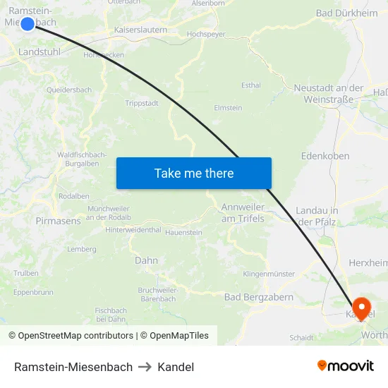 Ramstein-Miesenbach to Kandel map