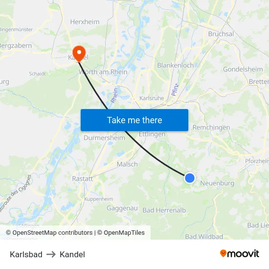Karlsbad to Kandel map