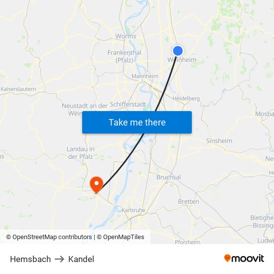 Hemsbach to Kandel map