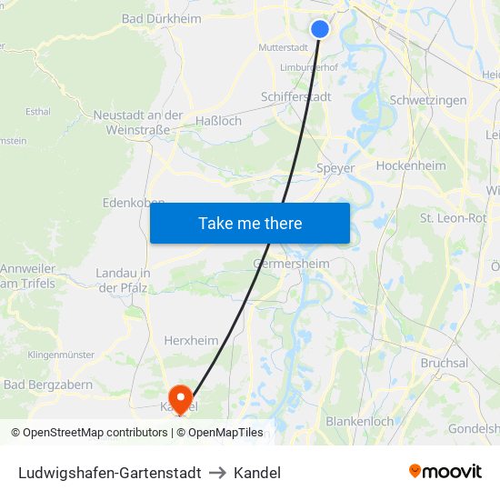 Ludwigshafen-Gartenstadt to Kandel map
