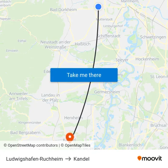 Ludwigshafen-Ruchheim to Kandel map