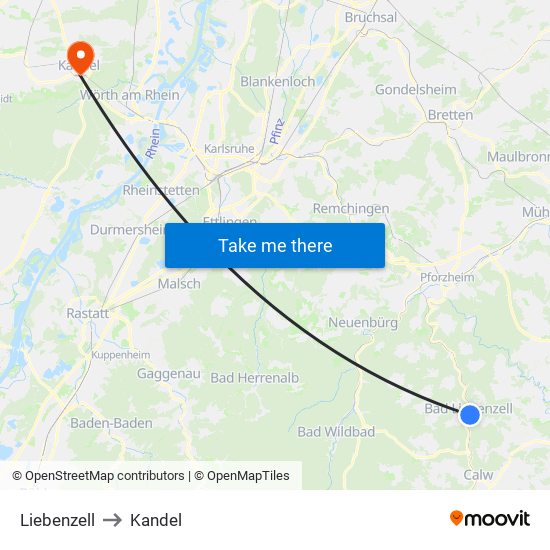 Liebenzell to Kandel map