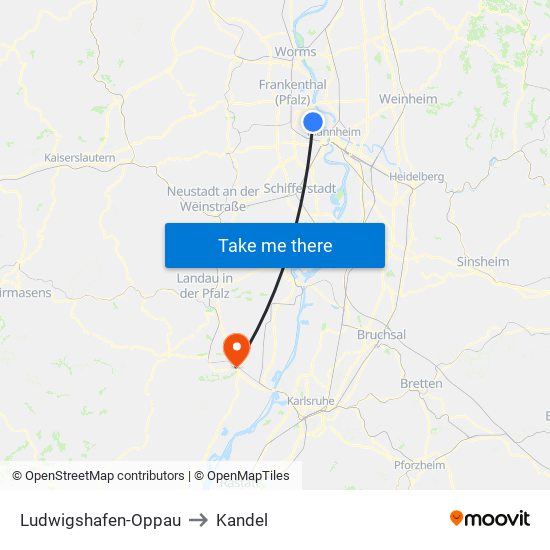 Ludwigshafen-Oppau to Kandel map