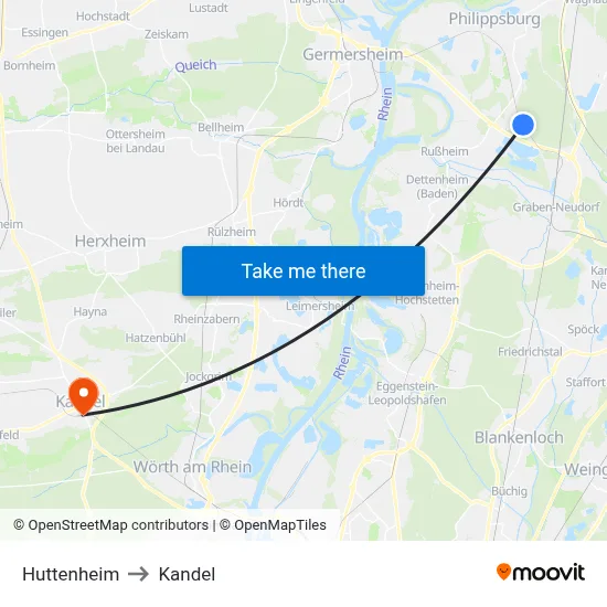 Huttenheim to Kandel map