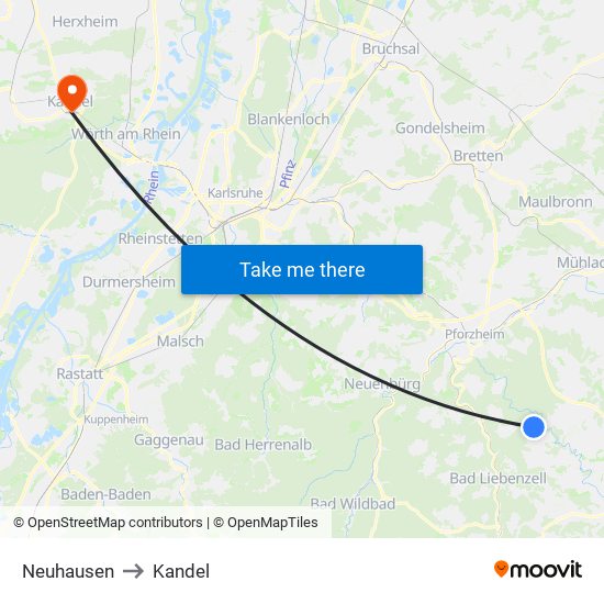 Neuhausen to Kandel map