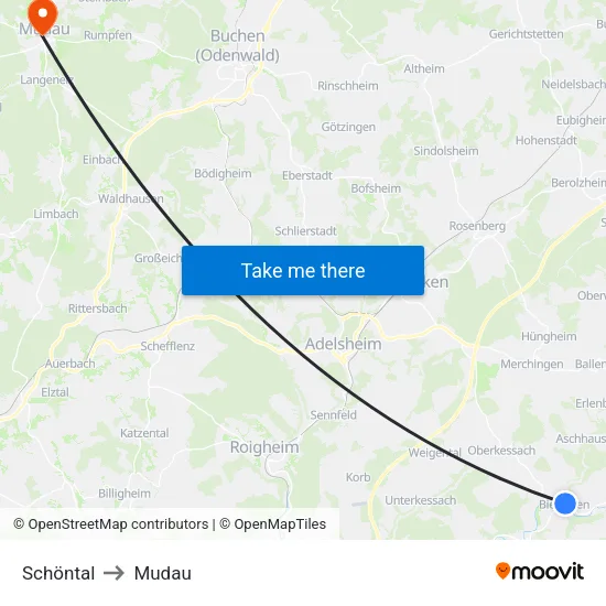 Schöntal to Mudau map