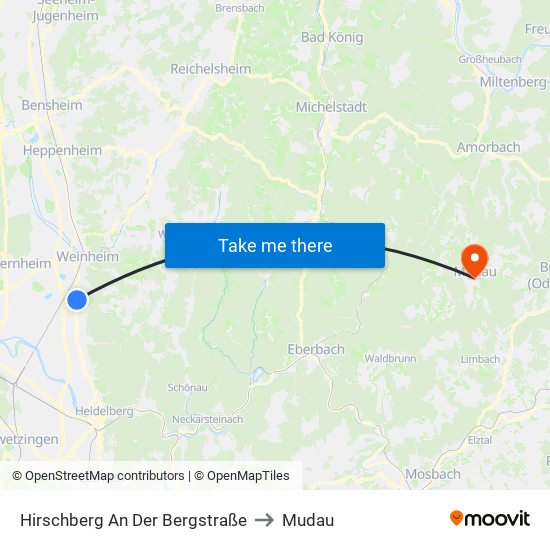 Hirschberg An Der Bergstraße to Mudau map