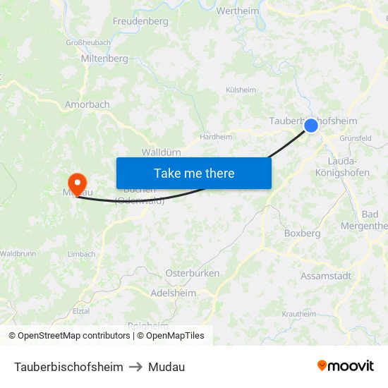 Tauberbischofsheim to Mudau map