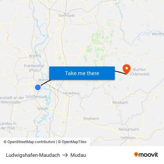 Ludwigshafen-Maudach to Mudau map