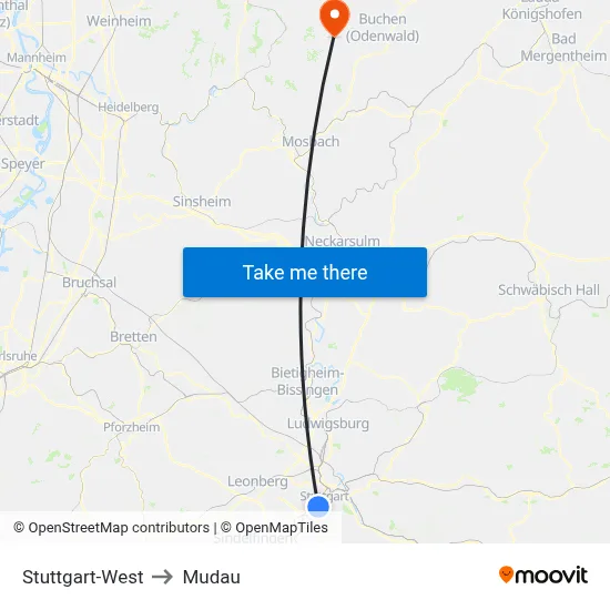 Stuttgart-West to Mudau map