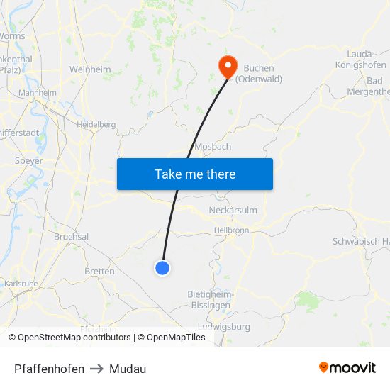 Pfaffenhofen to Mudau map