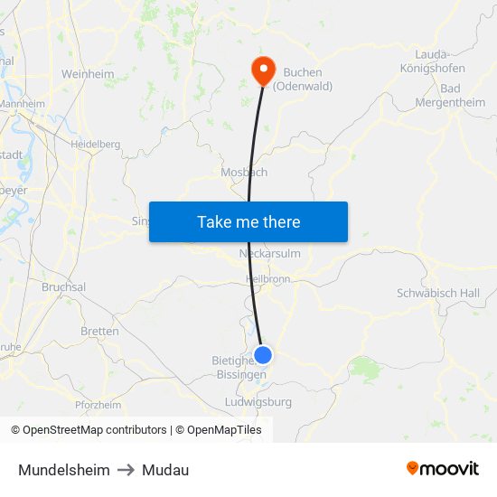 Mundelsheim to Mudau map