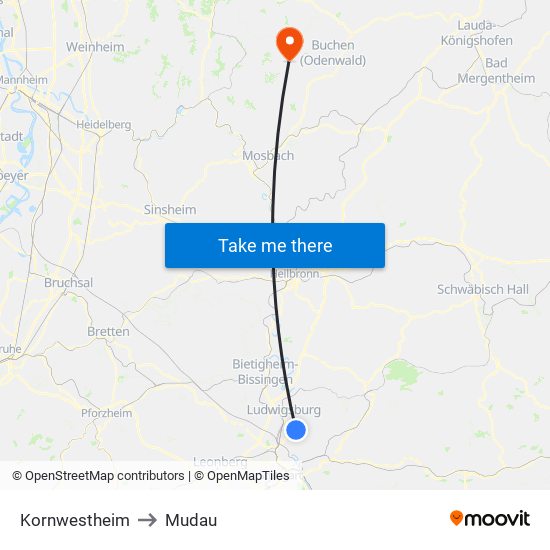 Kornwestheim to Mudau map