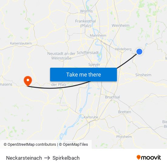 Neckarsteinach to Spirkelbach map