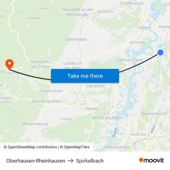 Oberhausen-Rheinhausen to Spirkelbach map