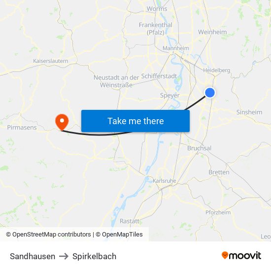 Sandhausen to Spirkelbach map