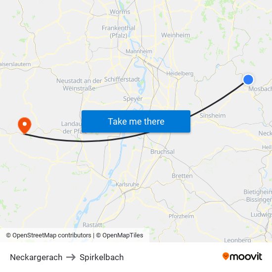 Neckargerach to Spirkelbach map