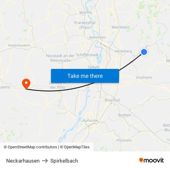 Neckarhausen to Spirkelbach map