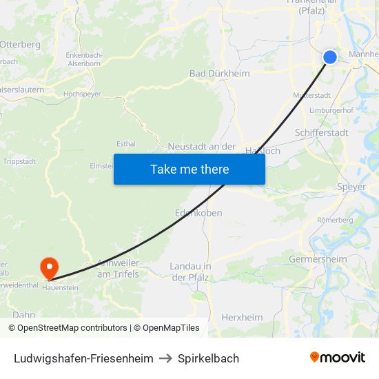 Ludwigshafen-Friesenheim to Spirkelbach map