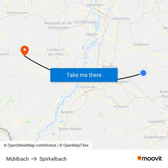 Mühlbach to Spirkelbach map