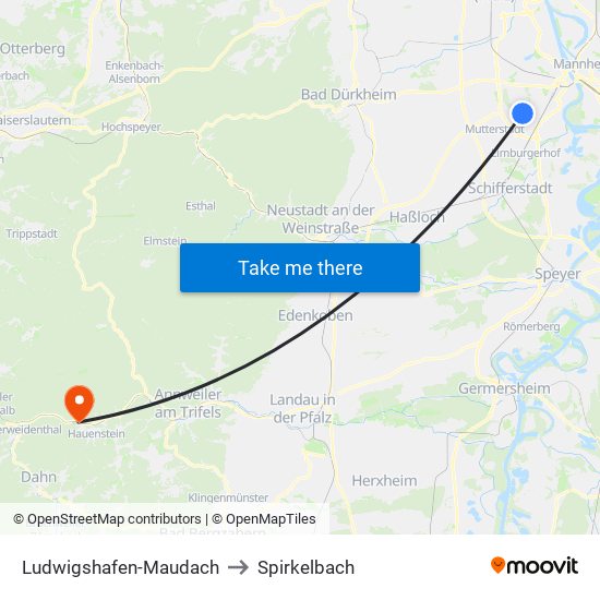 Ludwigshafen-Maudach to Spirkelbach map