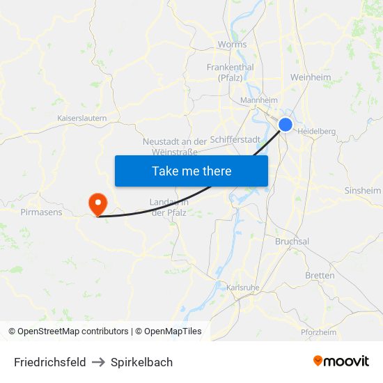 Friedrichsfeld to Spirkelbach map