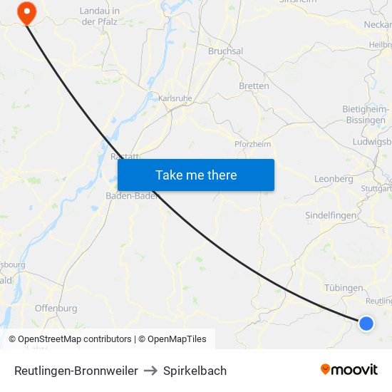 Reutlingen-Bronnweiler to Spirkelbach map