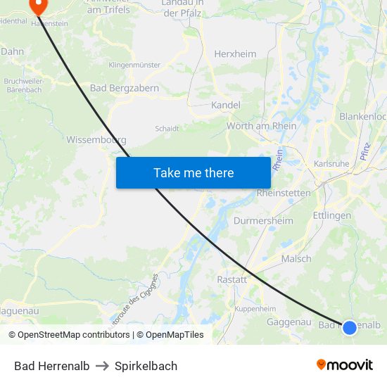 Bad Herrenalb to Spirkelbach map