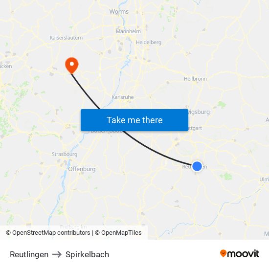 Reutlingen to Spirkelbach map