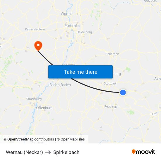 Wernau (Neckar) to Spirkelbach map