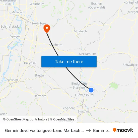 Gemeindeverwaltungsverband Marbach am Neckar to Bammental map