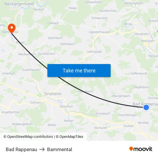 Bad Rappenau to Bammental map