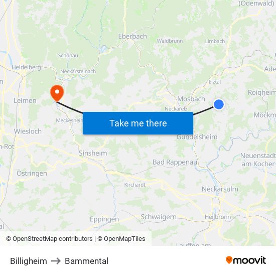 Billigheim to Bammental map