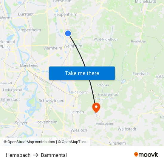 Hemsbach to Bammental map