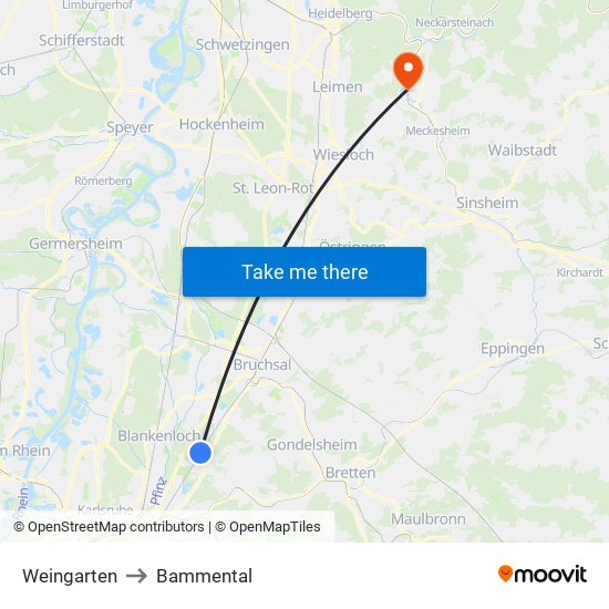 Weingarten to Bammental map