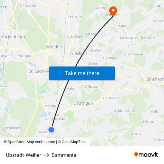 Ubstadt-Weiher to Bammental map