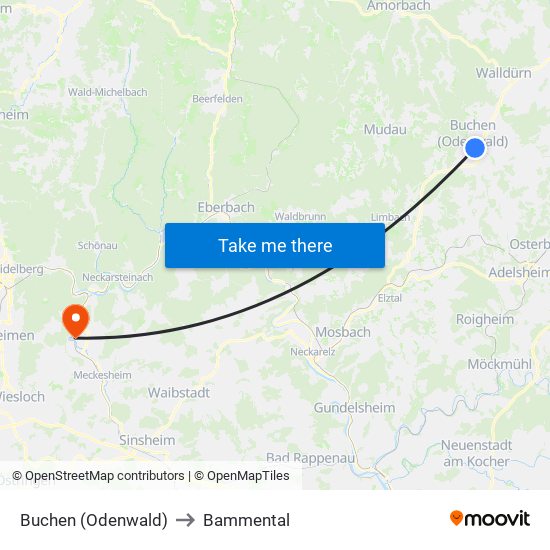 Buchen (Odenwald) to Bammental map