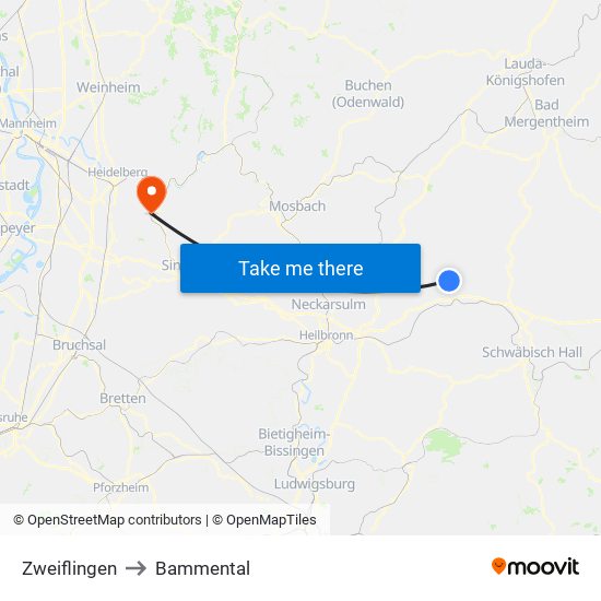 Zweiflingen to Bammental map