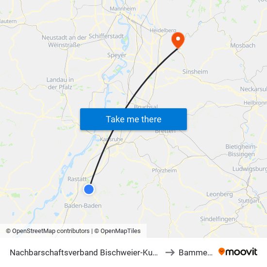 Nachbarschaftsverband Bischweier-Kuppenheim to Bammental map