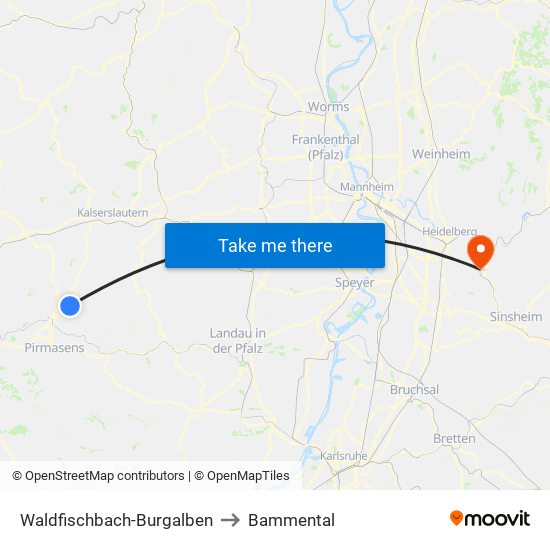 Waldfischbach-Burgalben to Bammental map