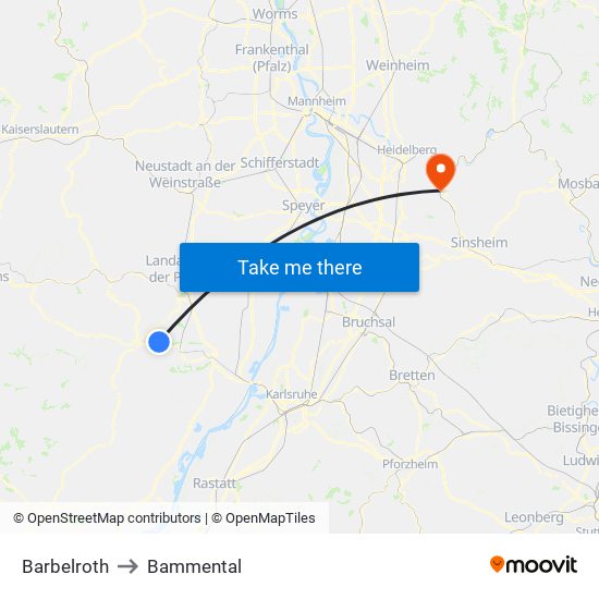 Barbelroth to Bammental map