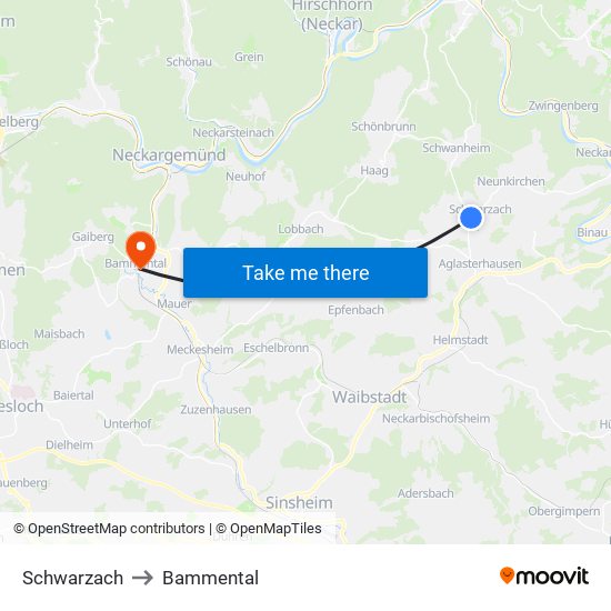 Schwarzach to Bammental map