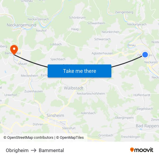 Obrigheim to Bammental map