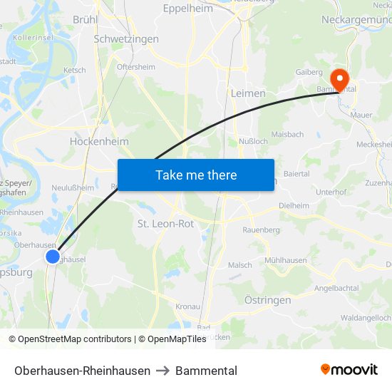 Oberhausen-Rheinhausen to Bammental map