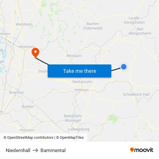 Niedernhall to Bammental map