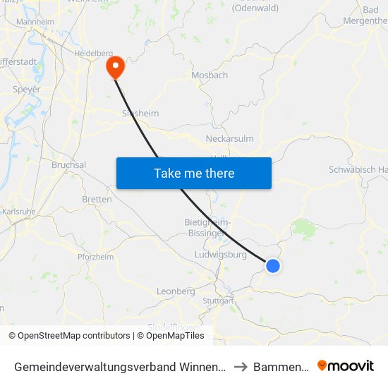 Gemeindeverwaltungsverband Winnenden to Bammental map