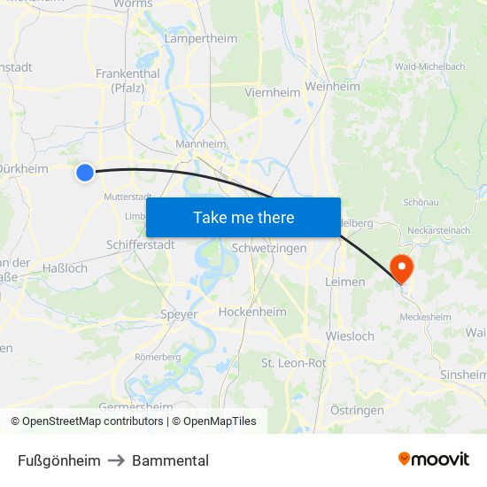 Fußgönheim to Bammental map