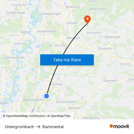 Untergrombach to Bammental map